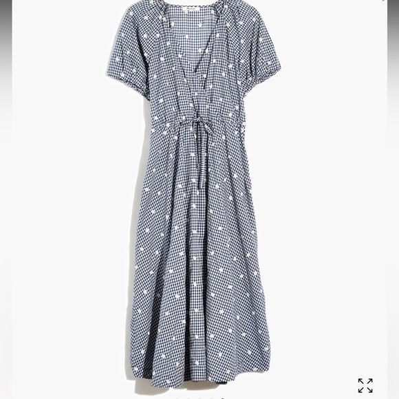 Madewell Faux Wrap Embroidered Gingham Check in preppy Navy Midi Dress Tie Waist - Picture 16 of 16